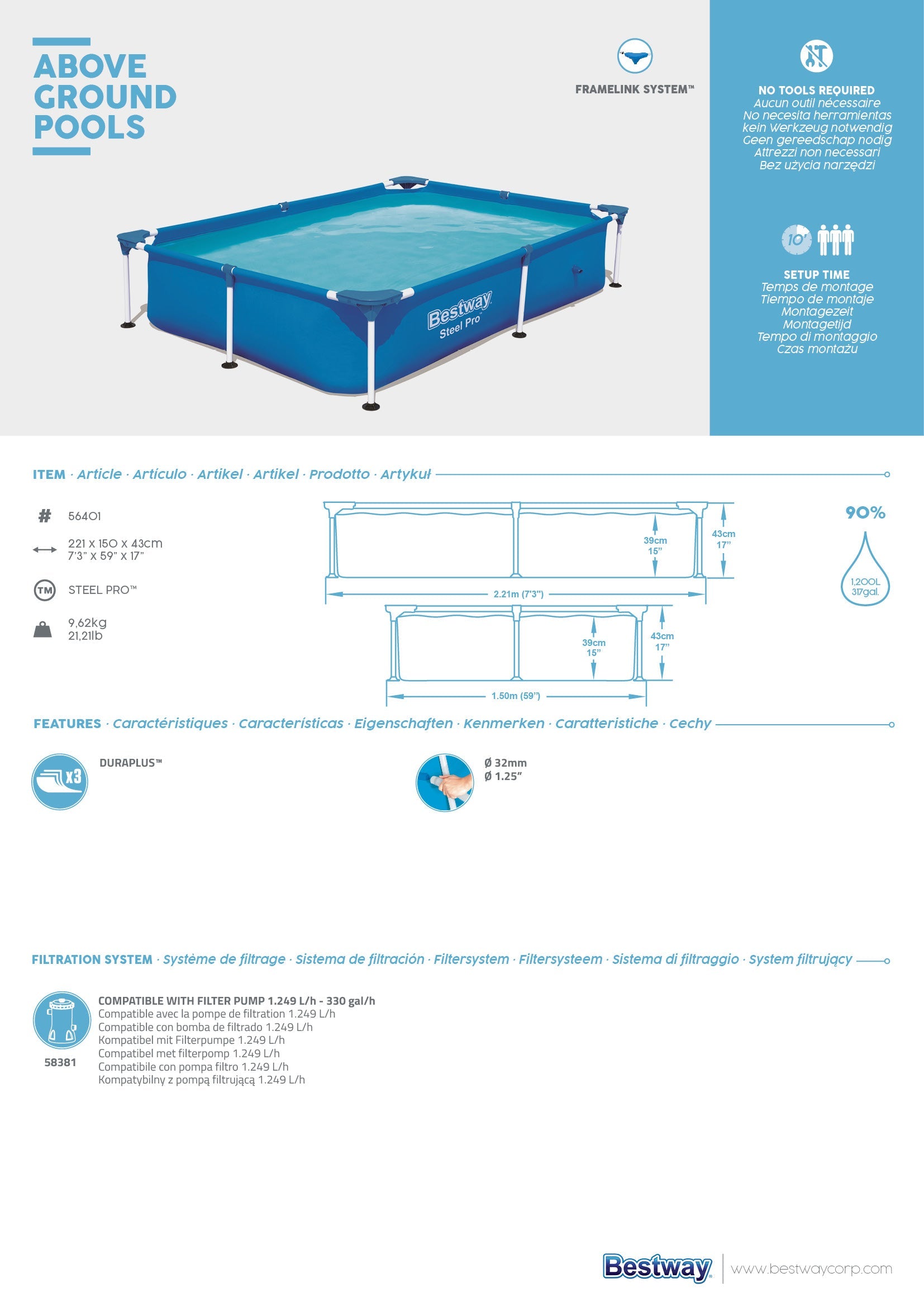 Piscine basse rectangulaire pour enfants 221x150xh43 cm Steel Pro Frame Bestway 56401 