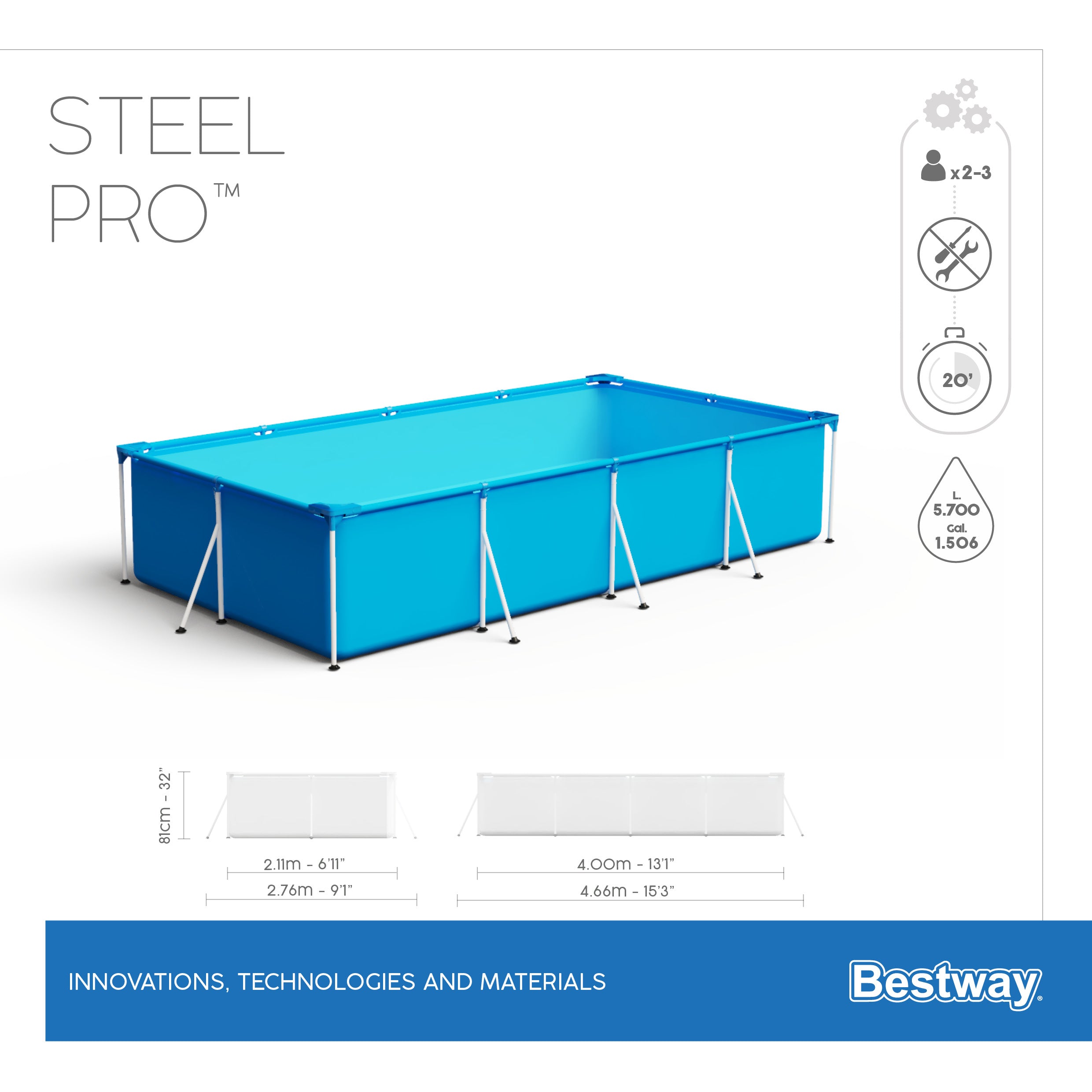 Piscine rectangulaire Steel Pro 400x211x81cm Bestway 56424 
