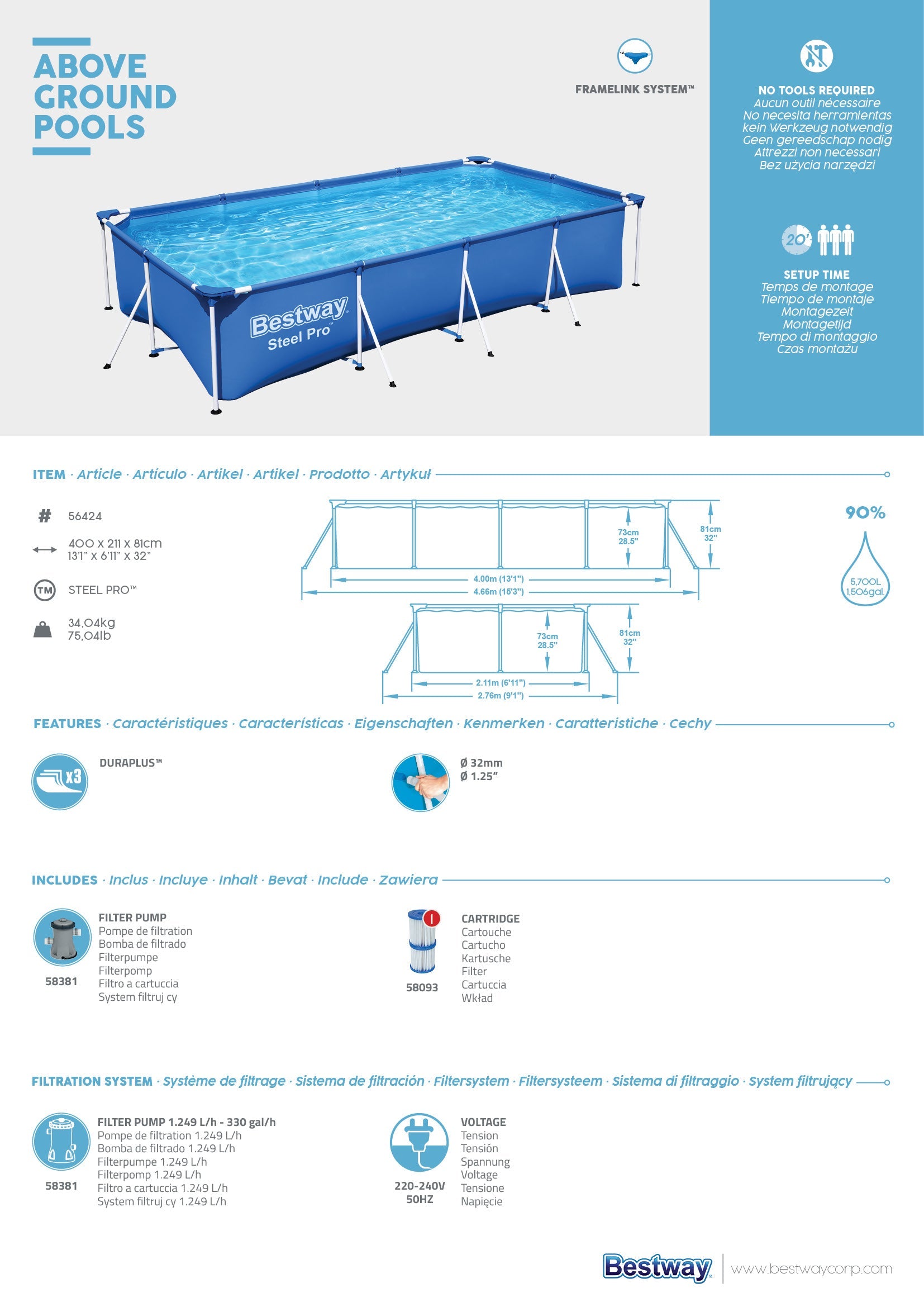 Piscine rectangulaire Steel Pro 400x211x81cm Bestway 56424 