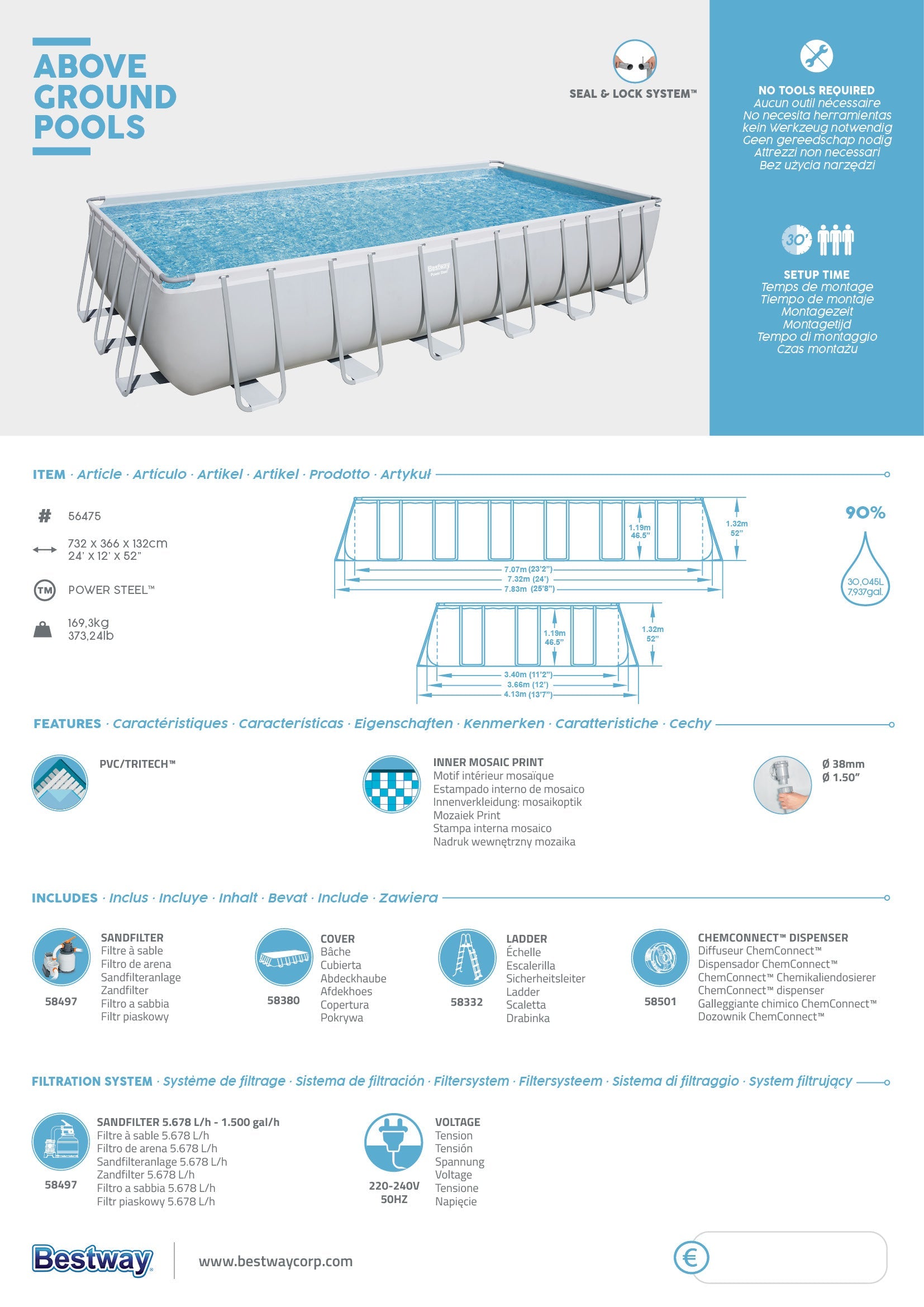 Piscine rectangulaire avec structure Power Steel Frame 732X366X132 Bestway 56475