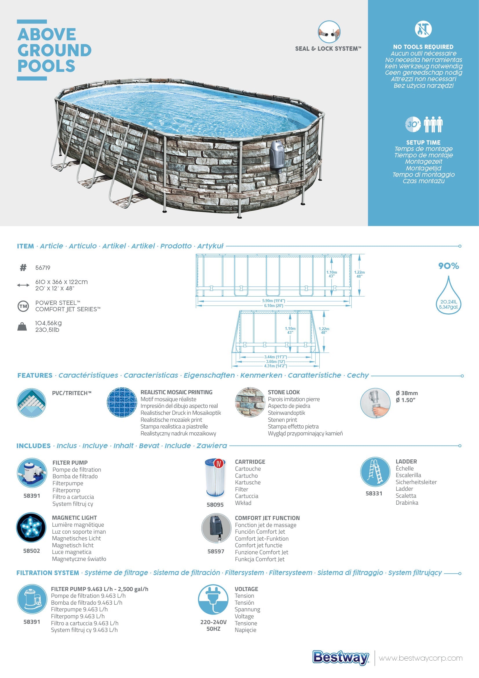 Piscine ovale Power Steel Comfort Jet d'hydromassage 610X366X122 Bestway 56719