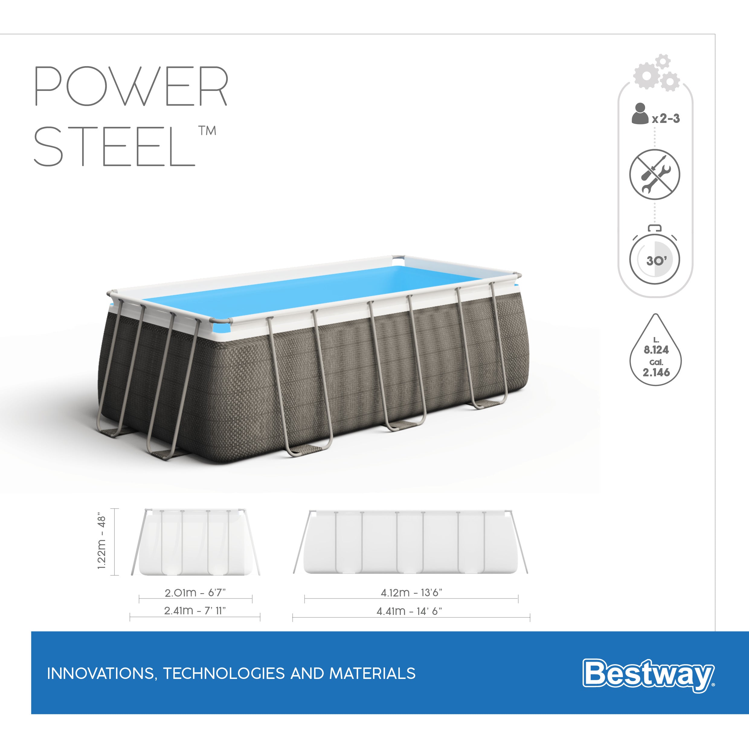 Piscine avec structure rectangulaire en rotin 4,12mx 2,01mx 1,22m Power Steel Bestway 56722