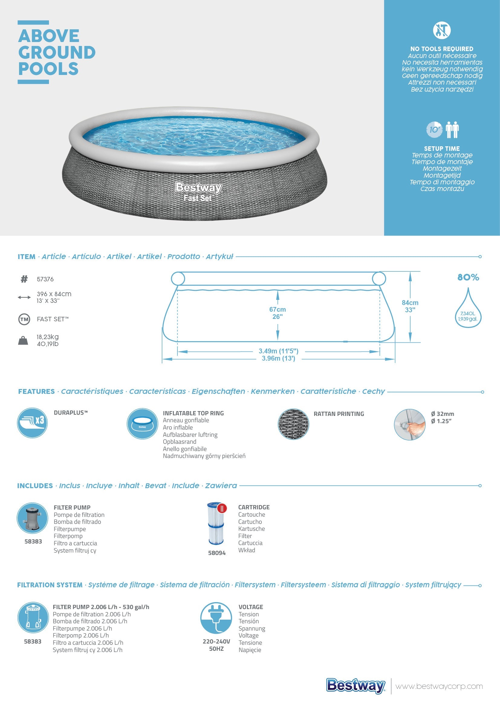 Piscine avec anneau rond autoportant 396x84 cm Rotin Gris fast set Bestway 57376