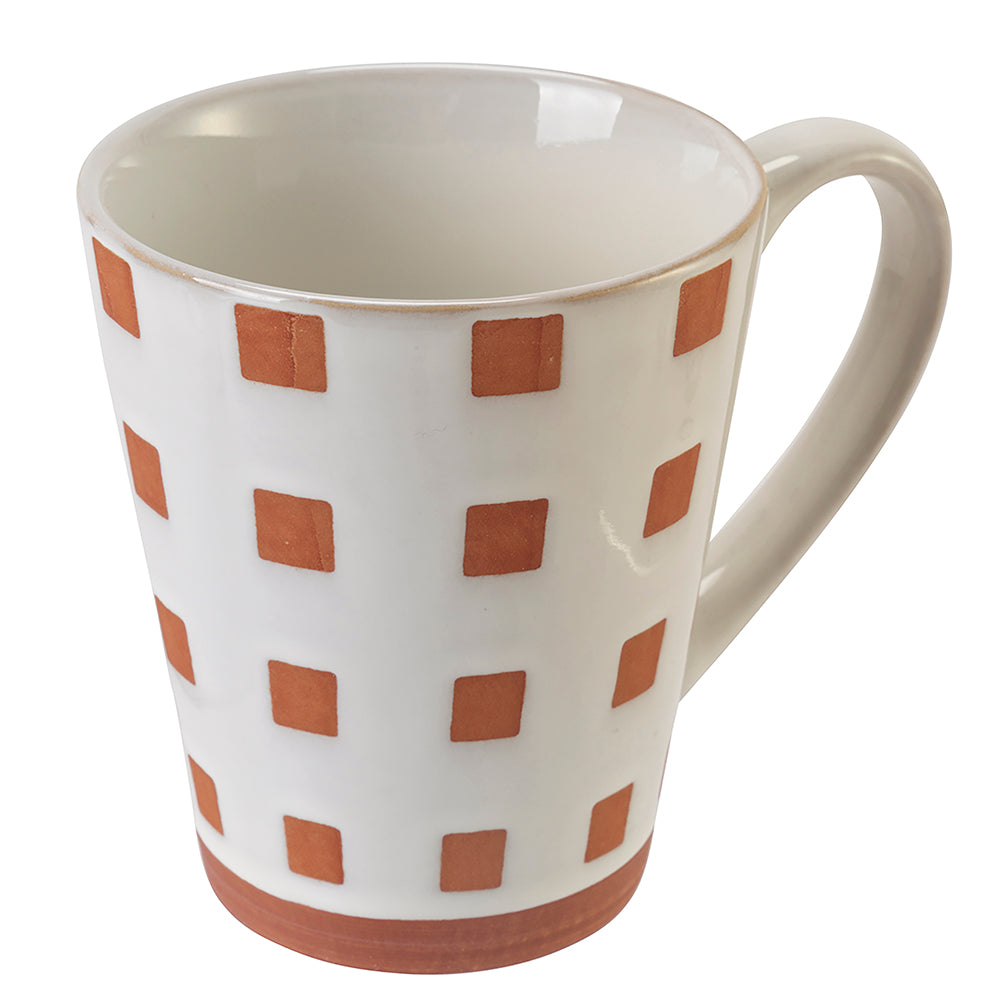 Tazza mug in gres con manico decorazioni geometriche in rilievo rosso mattone bianco 369 ml lavabile in lavastoviglie e microonde