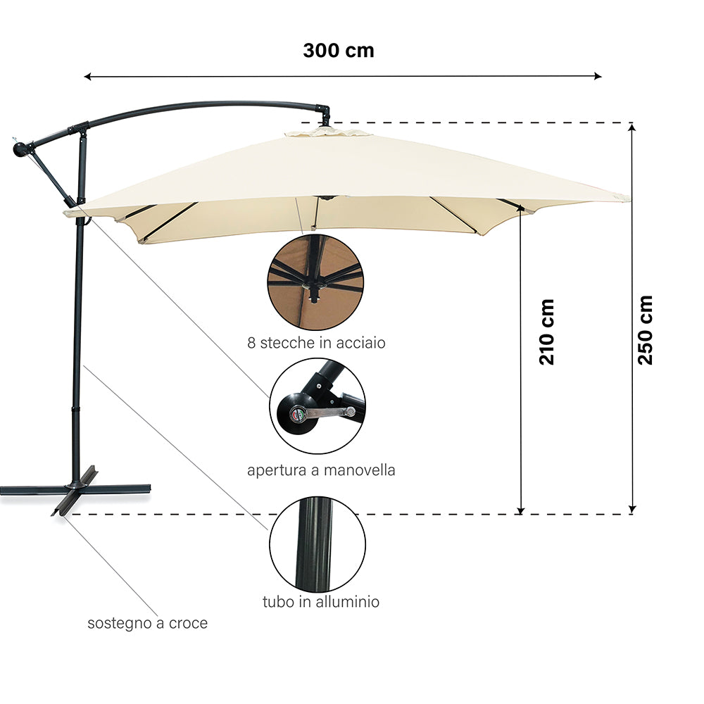 Parasol de jardin 3x3 m avec mât latéral en acier au carbone avec ouverture à manivelle Bavaria