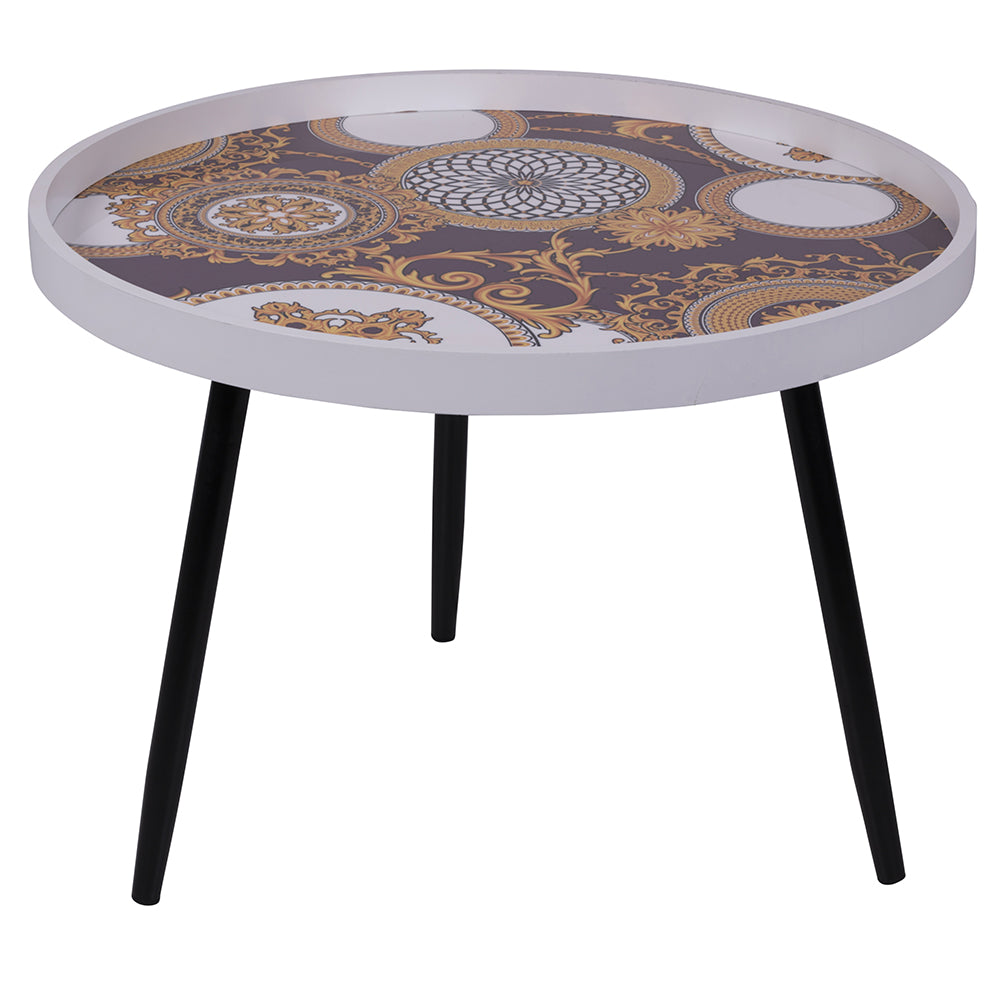 Table basse ronde 60xh45 cm en MDF et plateau en fer laqué à décor baroque Sibilla