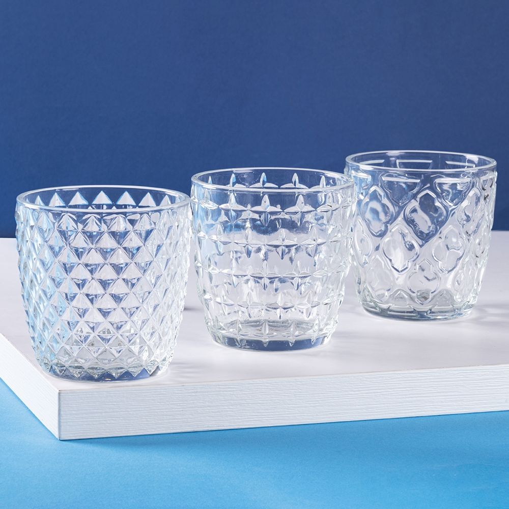 Set 6 bicchieri acqua vetro trasparente 325 ml lavabili lavastoviglie con decori rilievo design unico