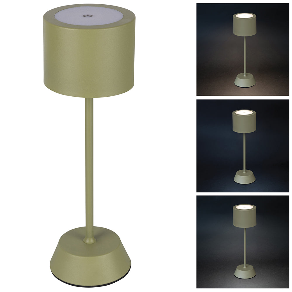 Lampe de table Aladina vert militaire avec capteur tactile rechargeable 3 intensités de luminosité