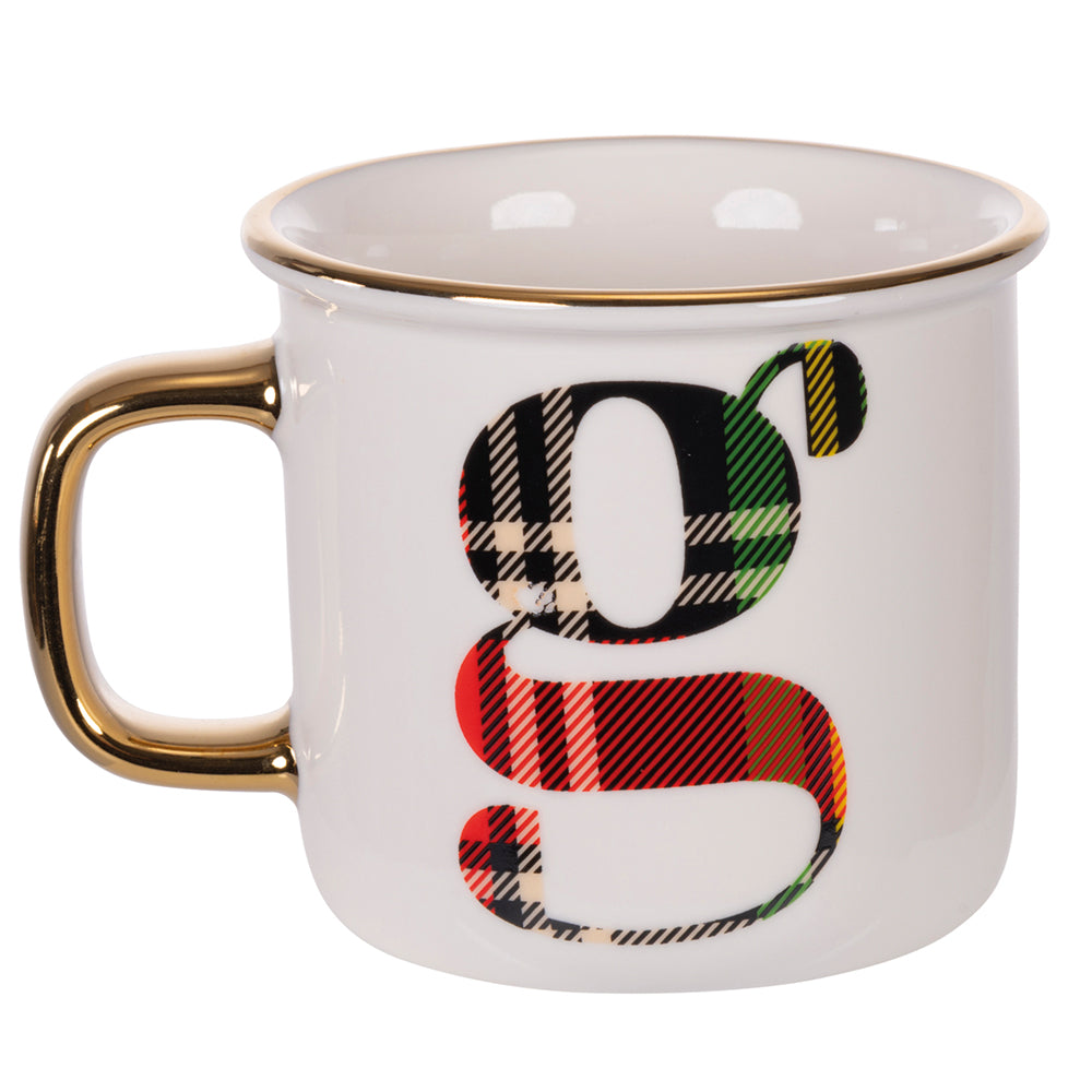 Tazza 300 ml in new bone China con decoro lettera G motivo tartan natalizio ideale per bevande calde linea Monogram