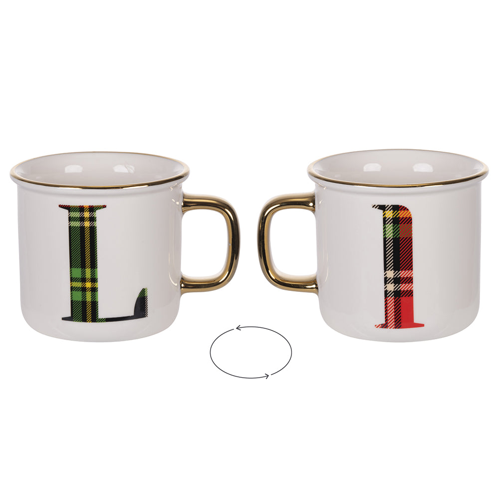 tazza da 300 ml in ceramica china con motivo tartan monogram lettera L ideale per natale e personalizzazioni