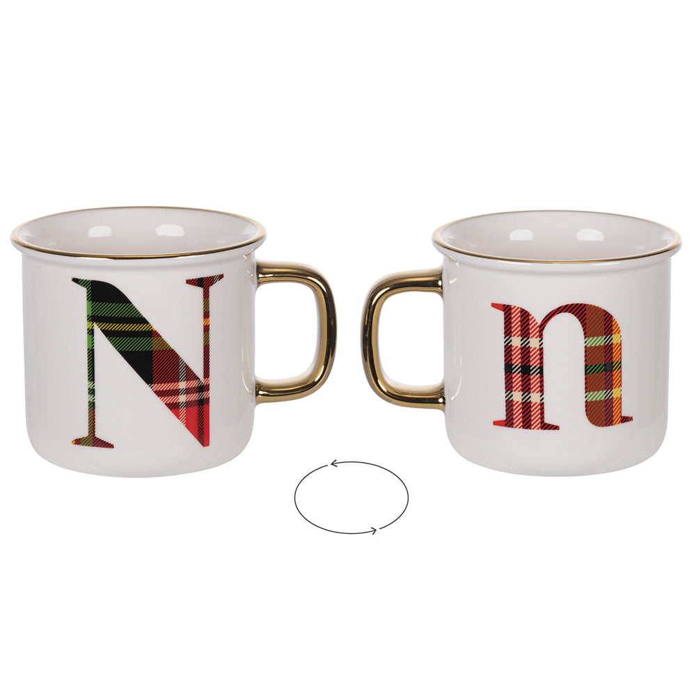 tazza monogramma lettera n 300 ml in new bone china design tartan natalizio retro con manico lavaggio a mano