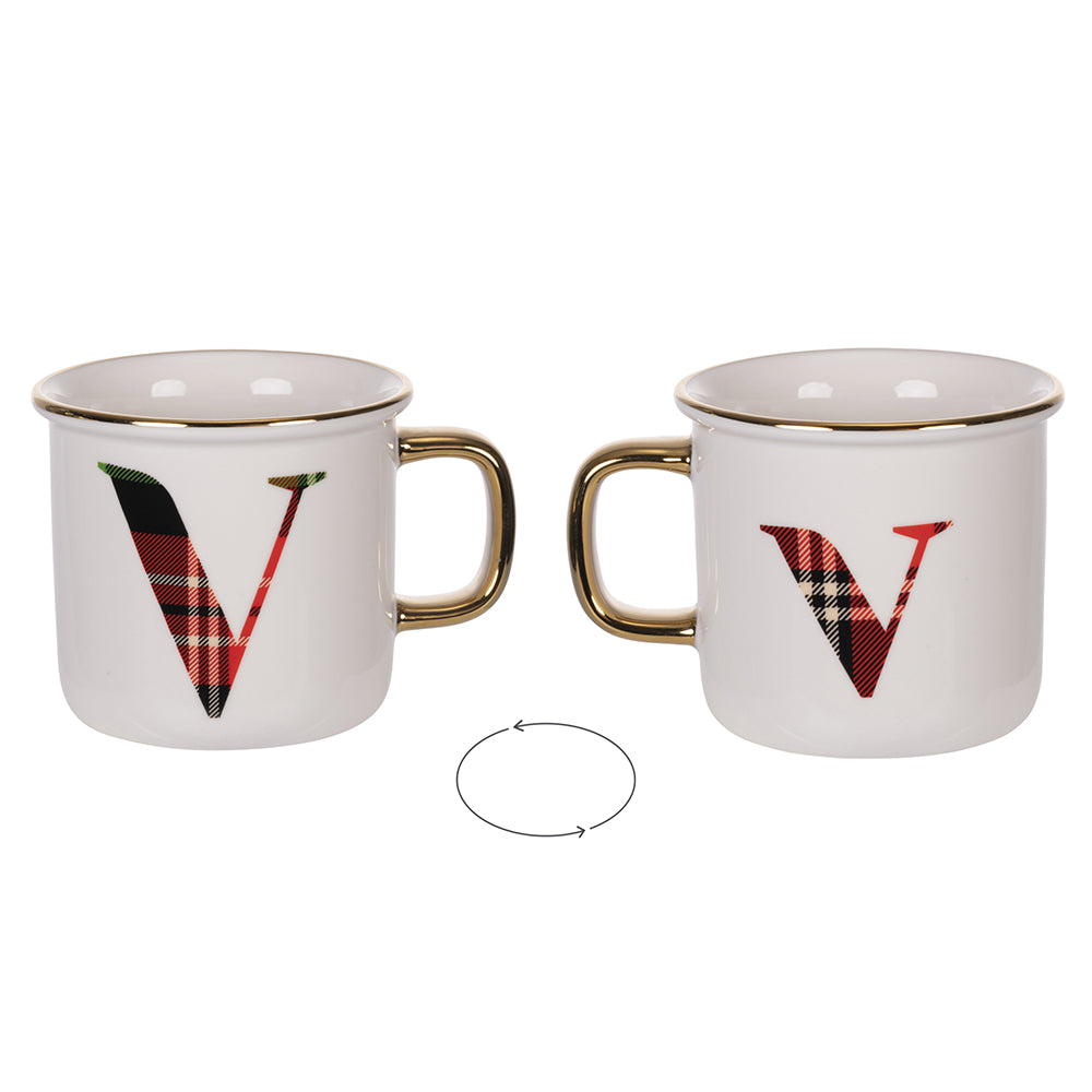 tazza in new bone china 300 ml design tartan natalizio con iniziale lettera v personalizzata ideale per regalo e collezione