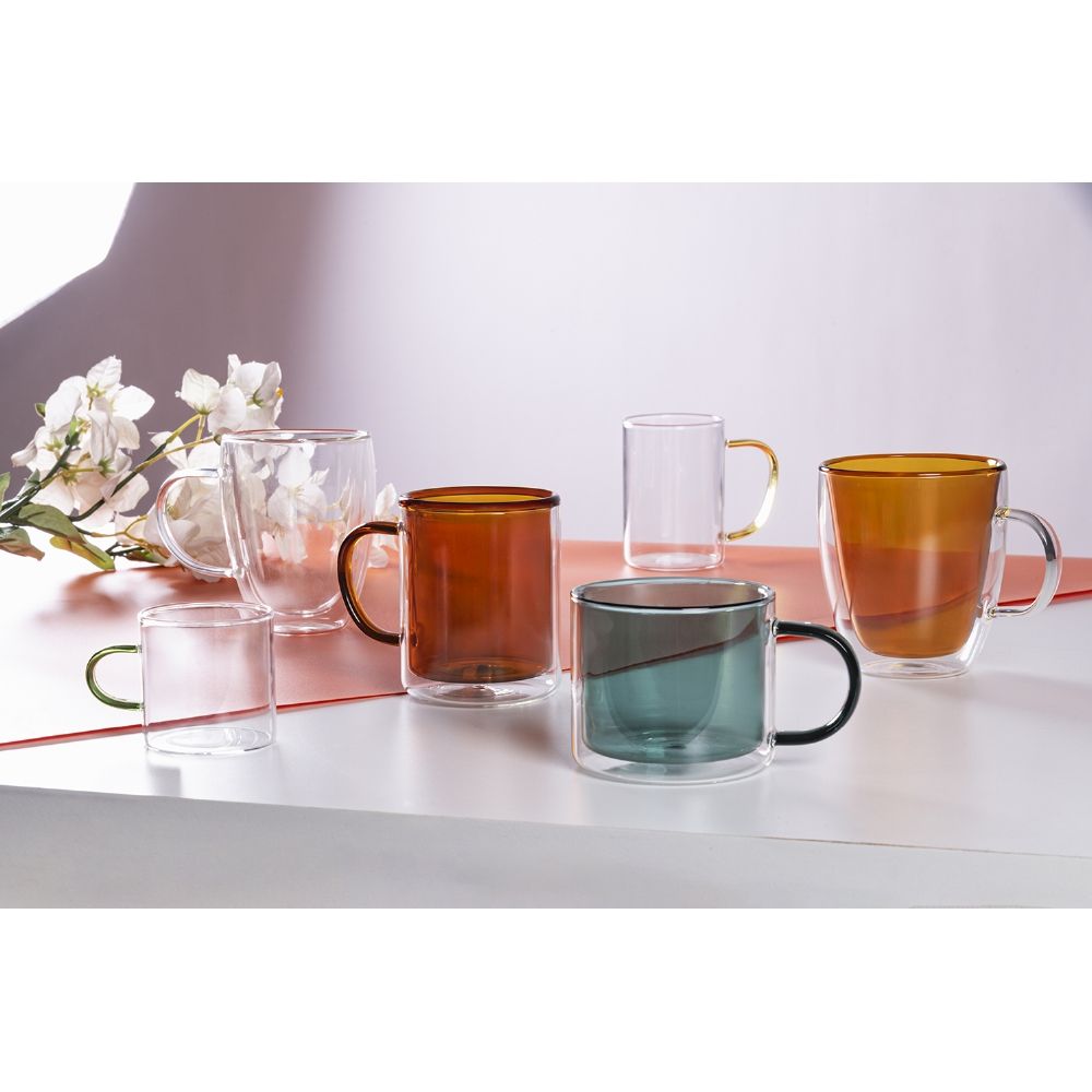 Mug tazza da 370 ml in vetro borosilicato incamiciato con manico doppia parete termica trasparente mantiene temperatura bevande