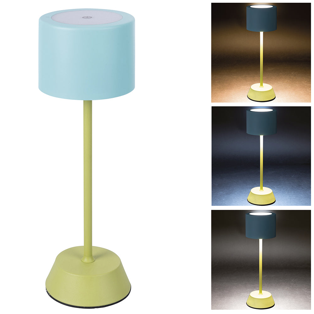 Lampada da tavolo con sensore touch ricaricabile tre intensità di luminosità celeste e verde moderna ed elegante