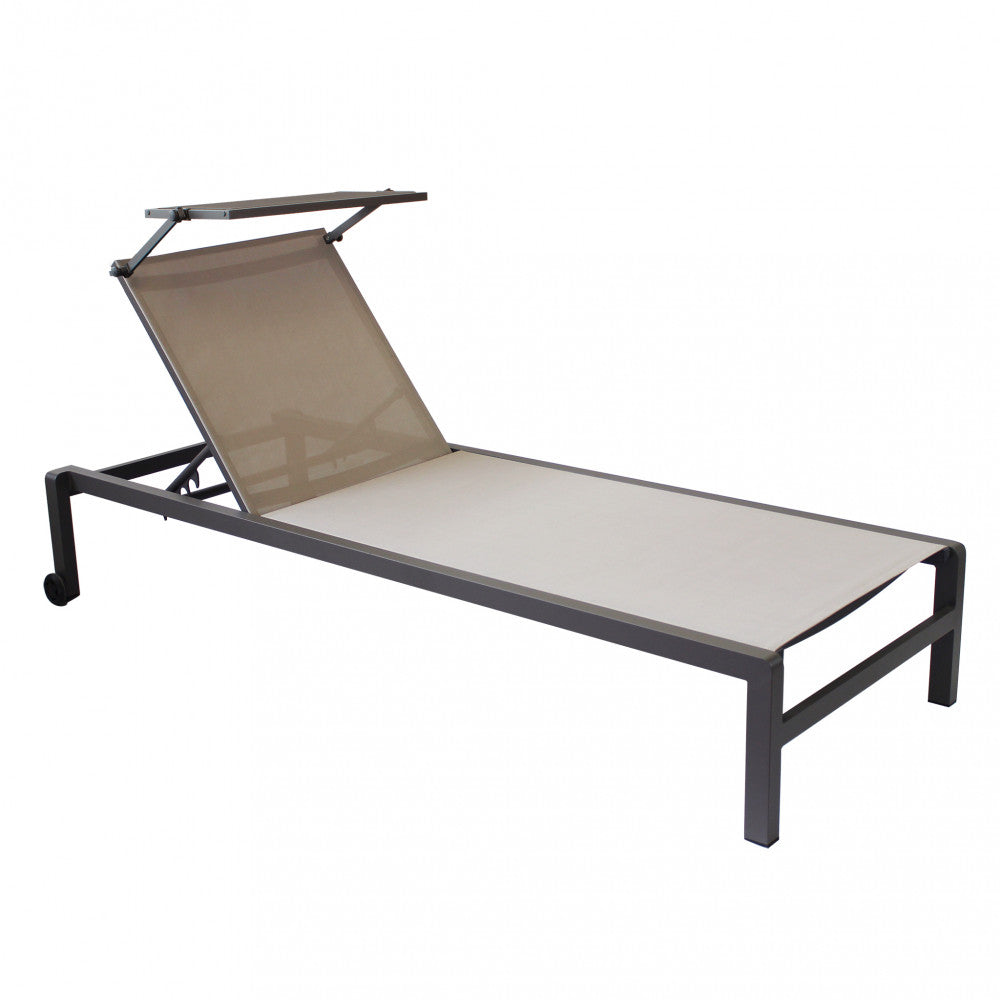 Transat de jardin en aluminium et textilène avec dossier réglable, capote et roulettes Madela 