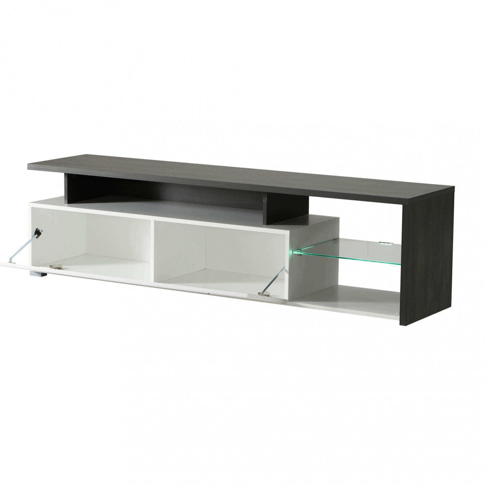 Élégant meuble TV en bois pour salon avec porte pliante blanche et étagère en verre Living TV