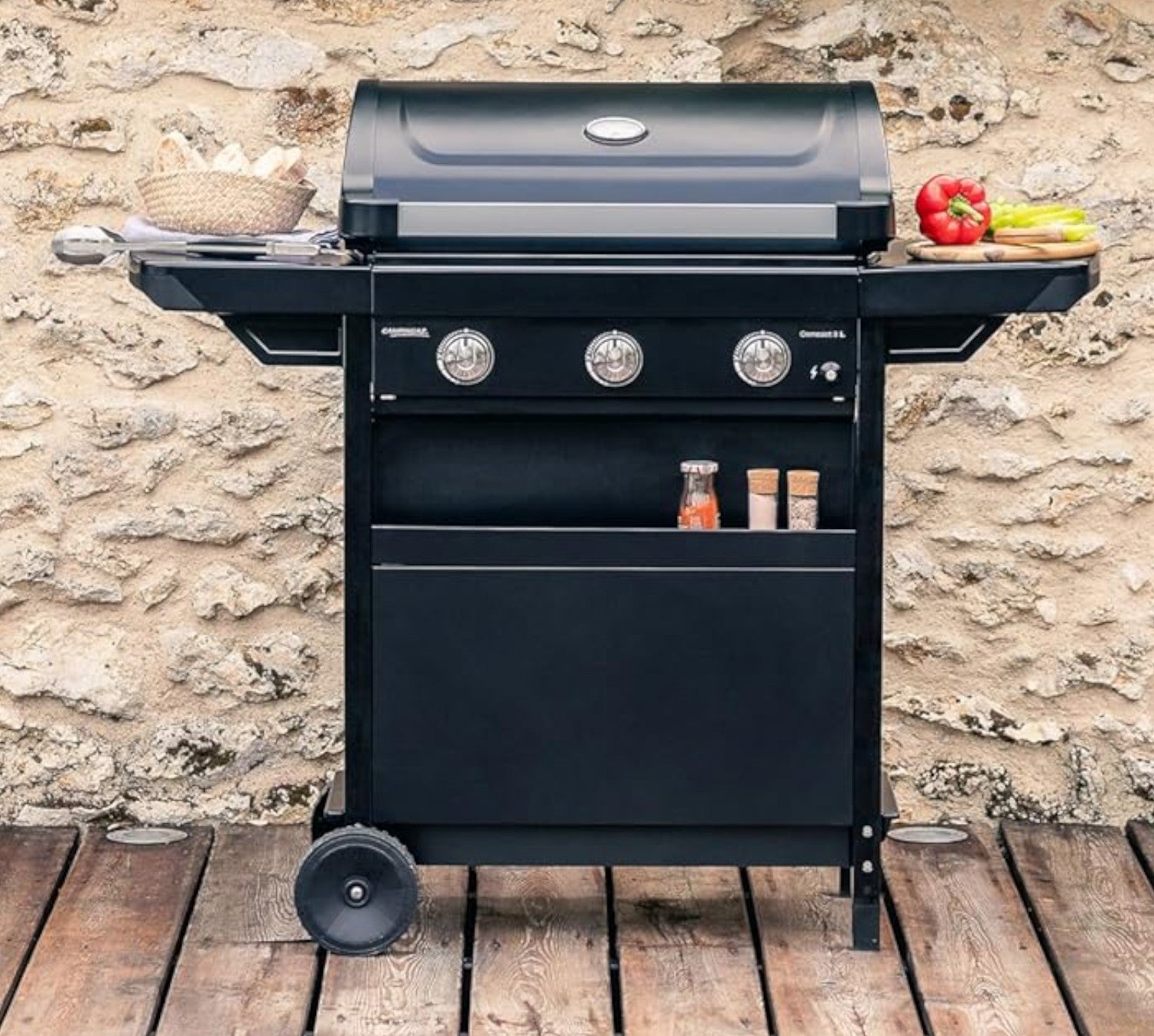 Barbecue à gaz 3 feux dans four en acier avec thermomètre et étagères rabattables COMPACT 3L