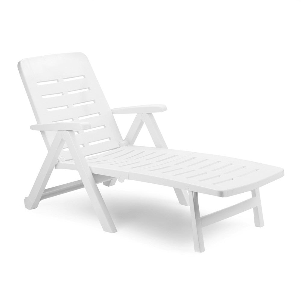 Chaise longue de jardin pliante et inclinable à roulettes en résine Blanc Émeraude