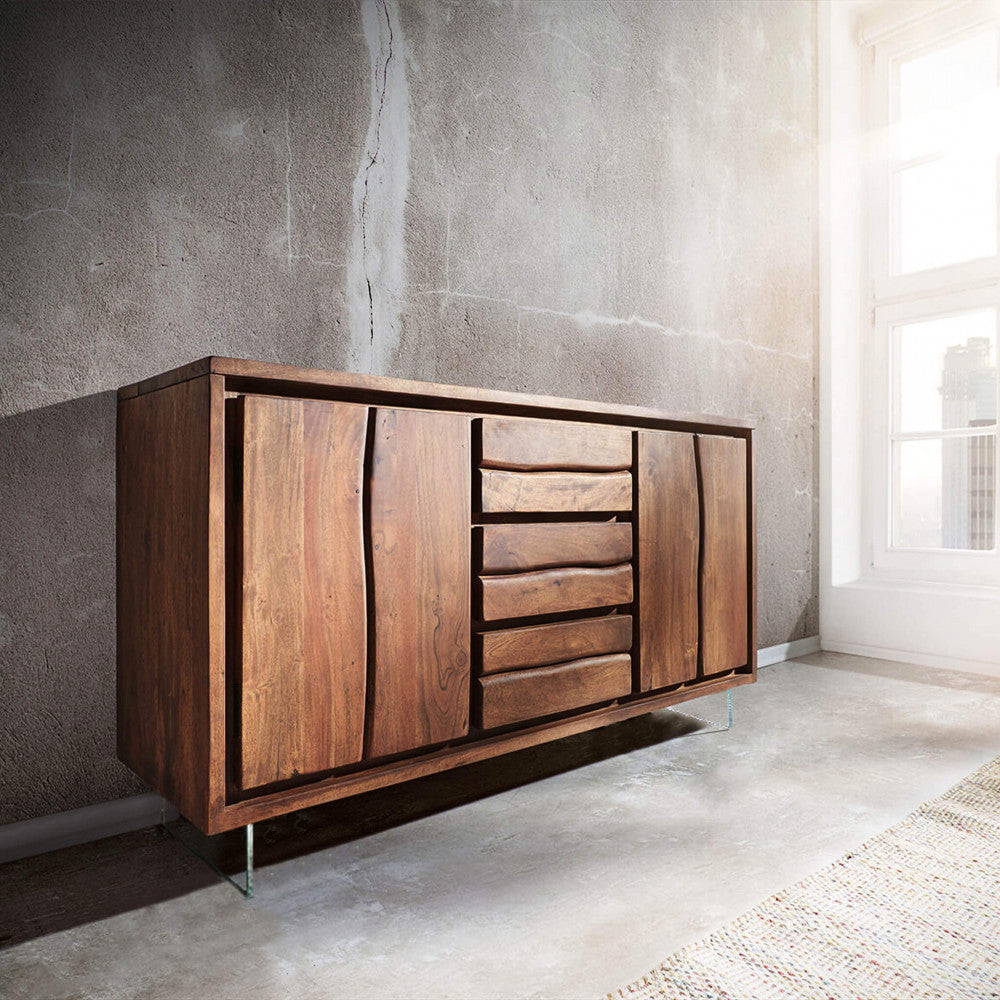 Buffet d'entrée en bois d'acacia avec 3 tiroirs centraux et 2 portes latérales Angelik