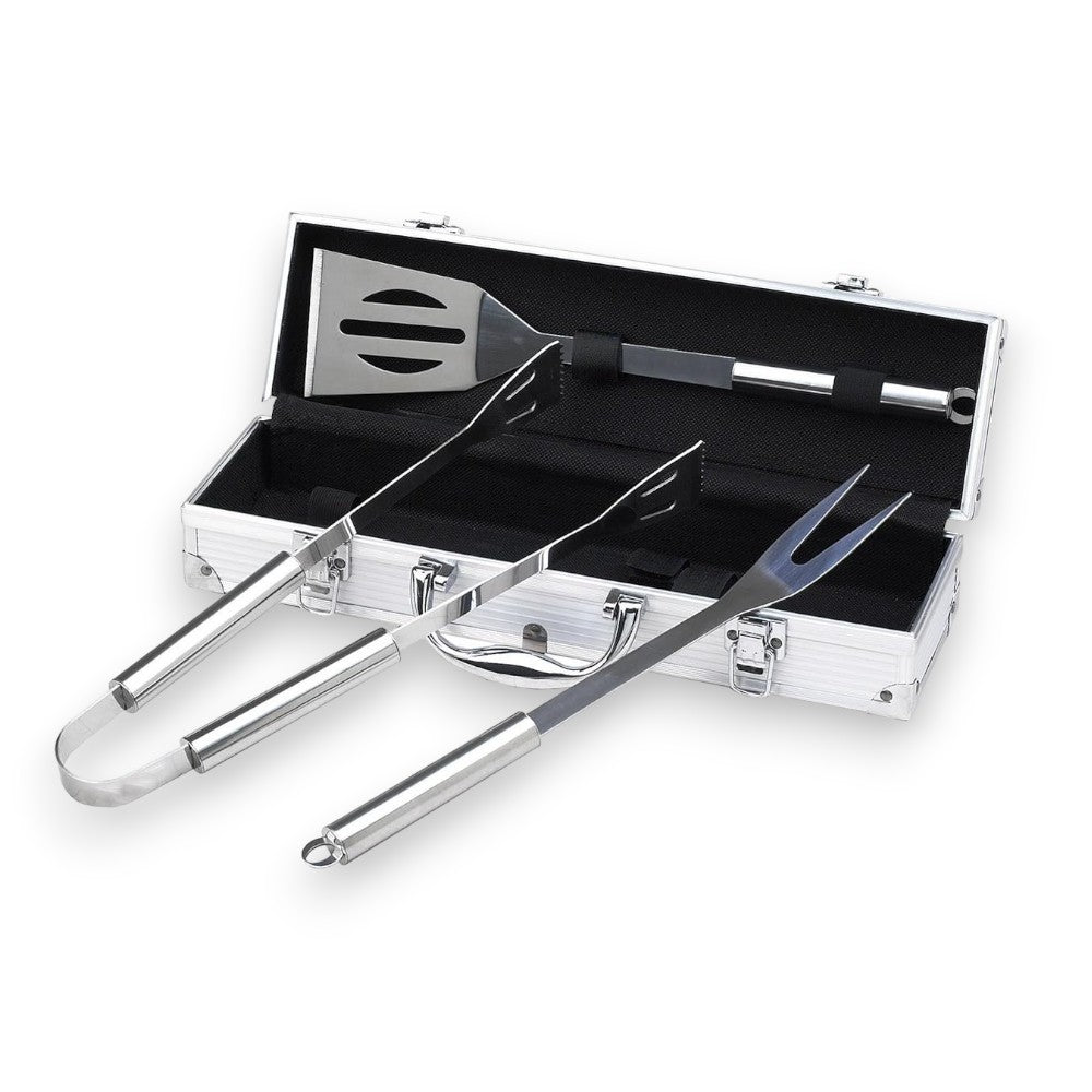 Ensemble d'ustensiles de barbecue 3 pièces avec coffret en acier, spatule, fourchette, pinces