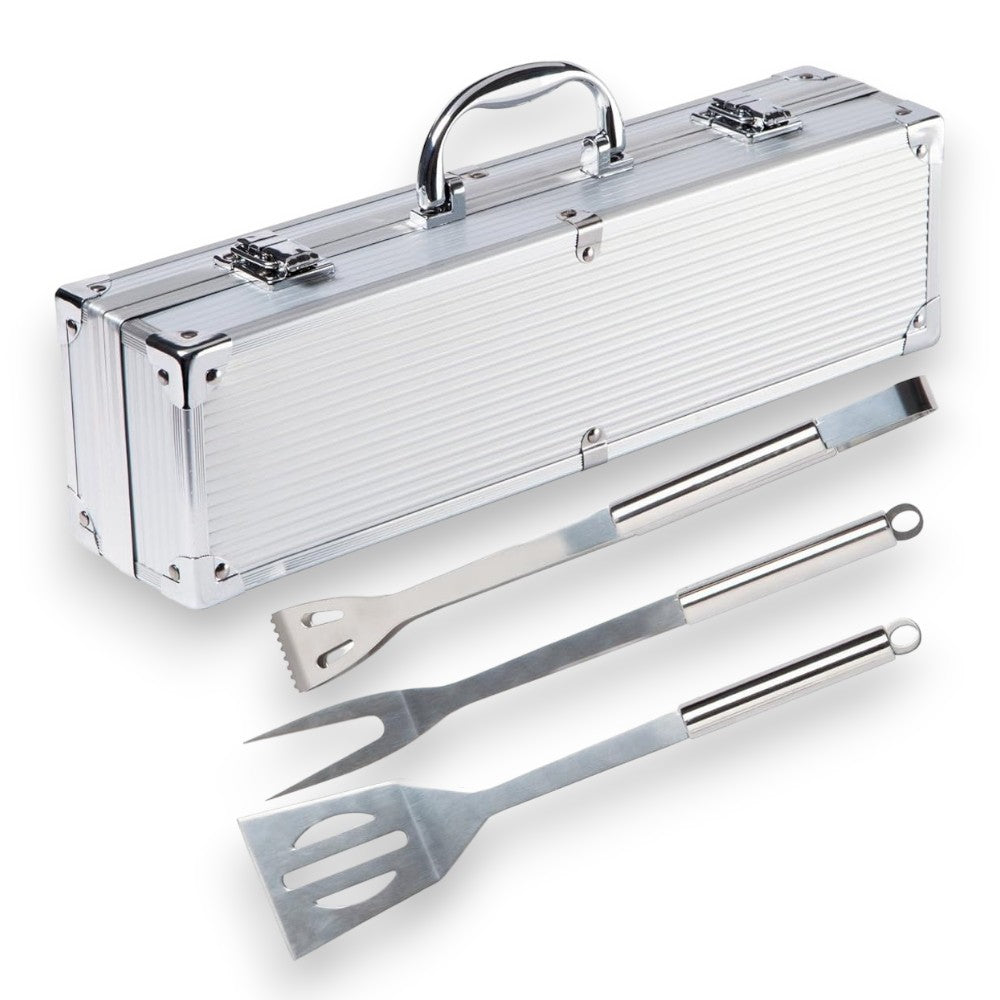 Ensemble d'ustensiles de barbecue 3 pièces avec coffret en acier, spatule, fourchette, pinces