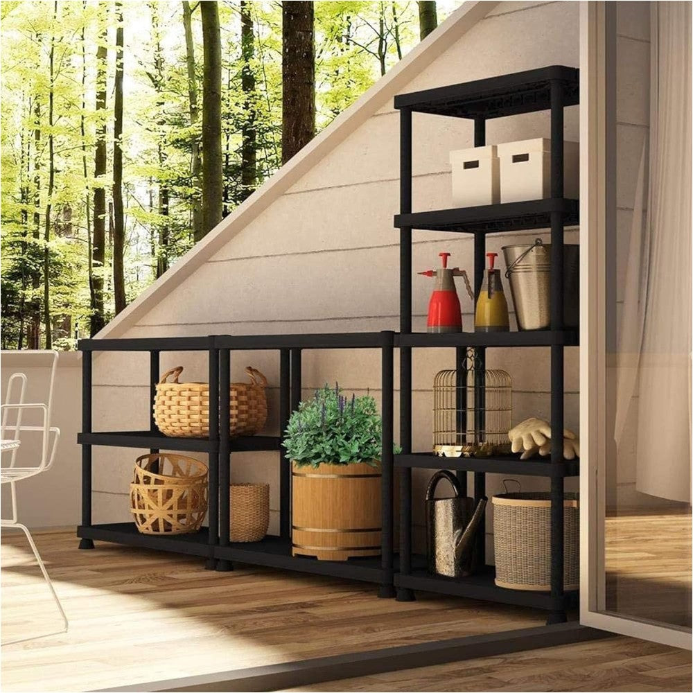 Kit étagères en polypropylène haute résistance pour usage intérieur et extérieur, assemblage emboîtable de 3 à 5 étagères