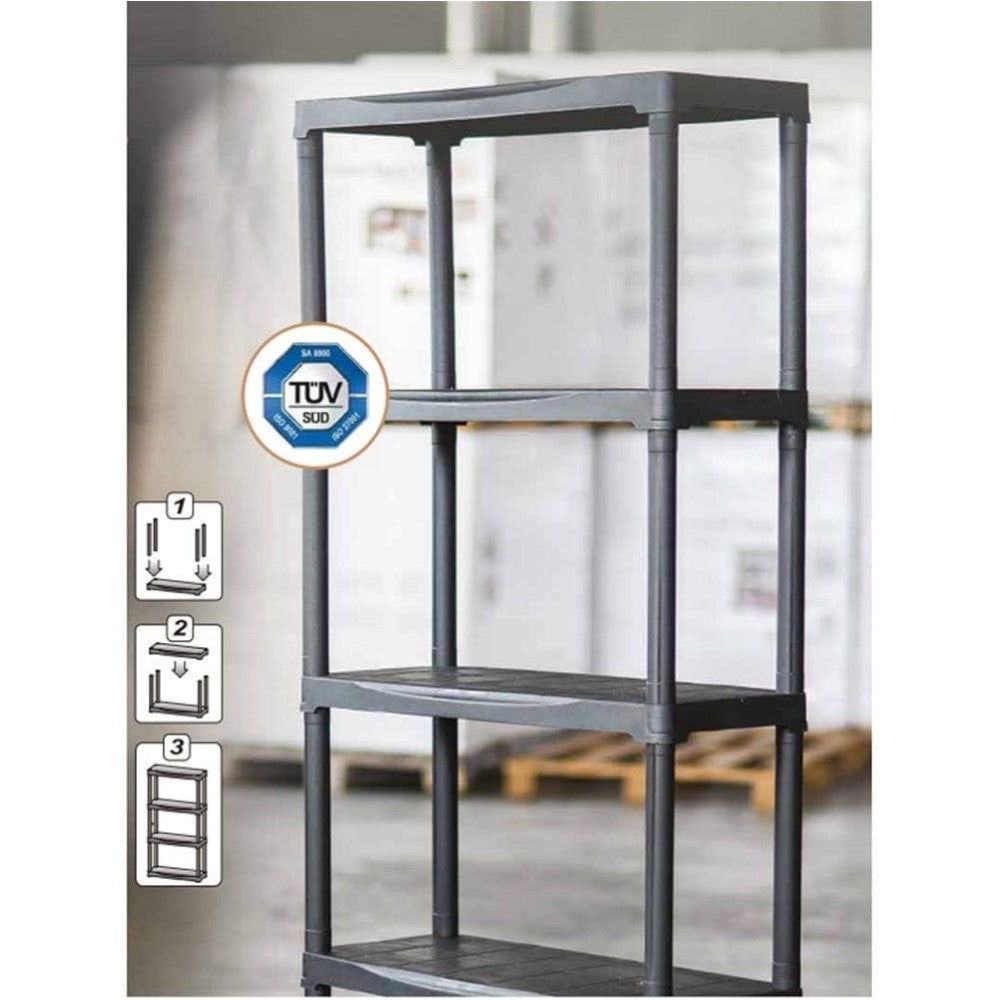 Kit étagères en polypropylène haute résistance pour usage intérieur et extérieur, assemblage emboîtable de 3 à 5 étagères