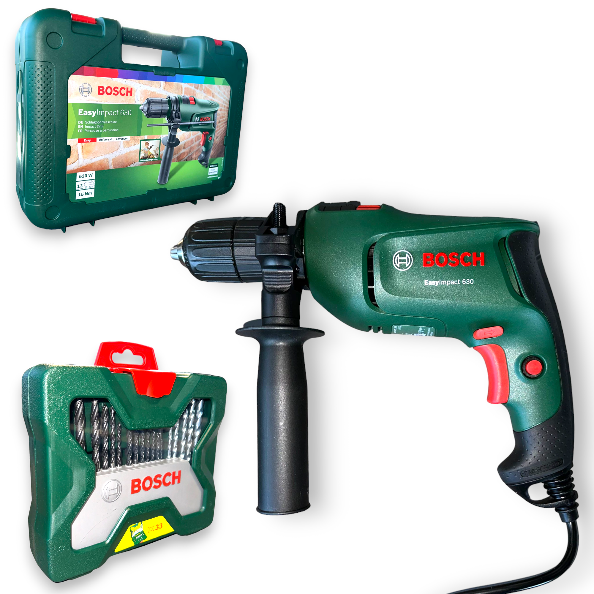 Perceuse à percussion électrique professionnelle 630W avec mallette de transport et 33 accessoires EASY IMPACT 630 BOSCH