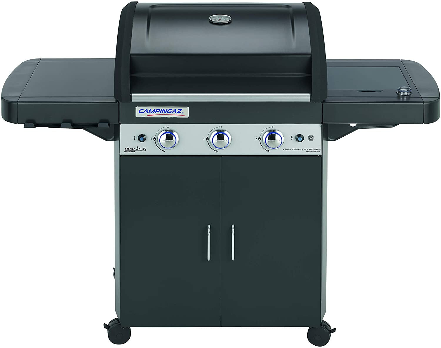 Barbecue à gaz Campingaz Dual Gas 3 Series Classic LS Plus Dark avec chariot et portes avant et brûleur latéral