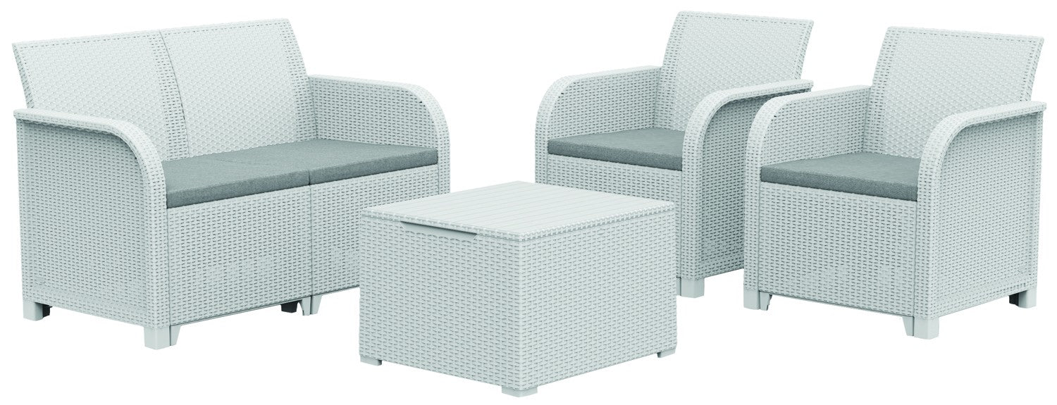Salon de jardin extérieur composé d'un canapé, de fauteuils et d'une table basse en rotin blanc Keter Rosalie