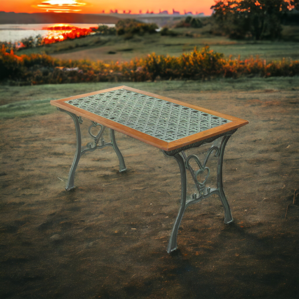 Tavolo da giardino 110x55xH60 cm con struttura in ghisa e legno tropicale Rattan Arc