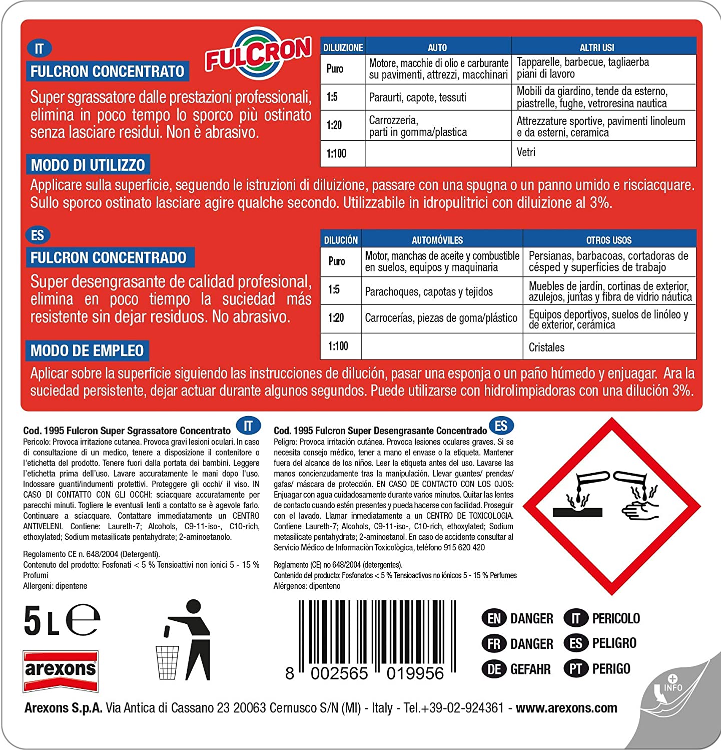 Détergent dégraissant concentré pour saletés tenaces, nettoyage moteurs, maison, nautisme, loisirs 5 Lt FULCRON