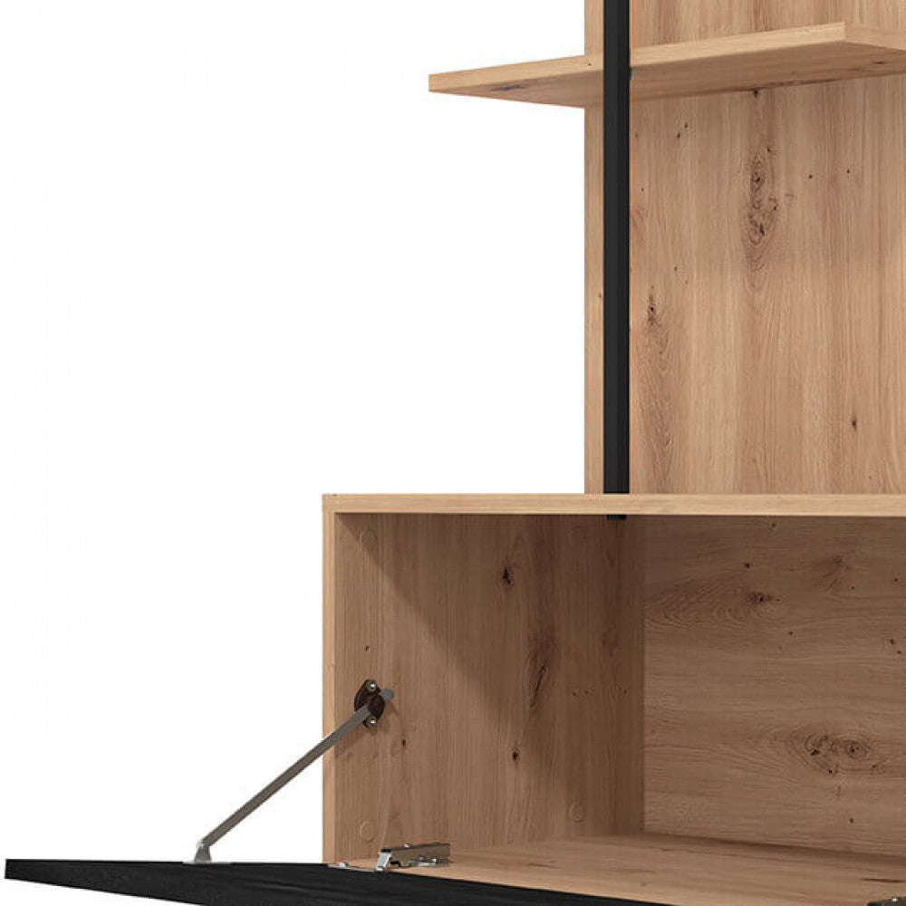 Meuble TV mural de séjour avec 10 étagères, 1 grande porte pliante et étagère suspendue Paul