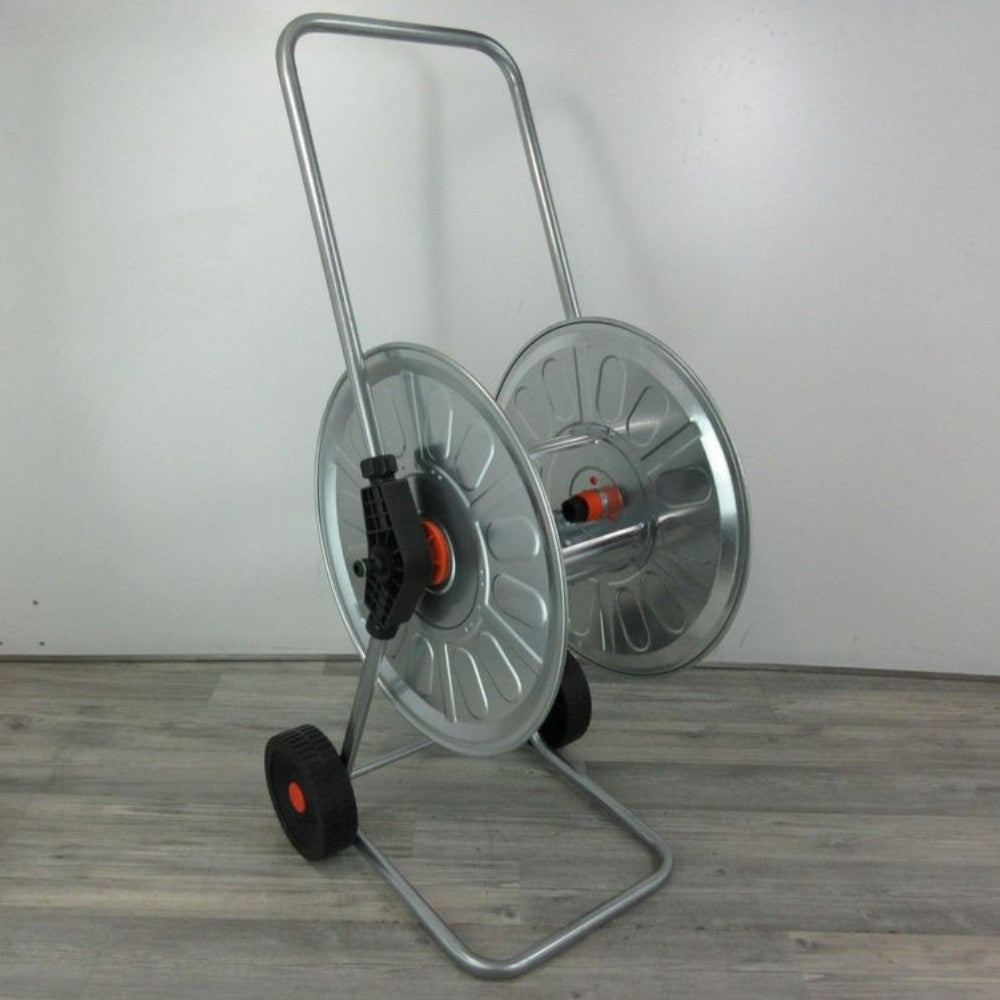 Carrello avvolgitubo da giardino con telaio e rullo in acciaio per tubi fino a 110 mt