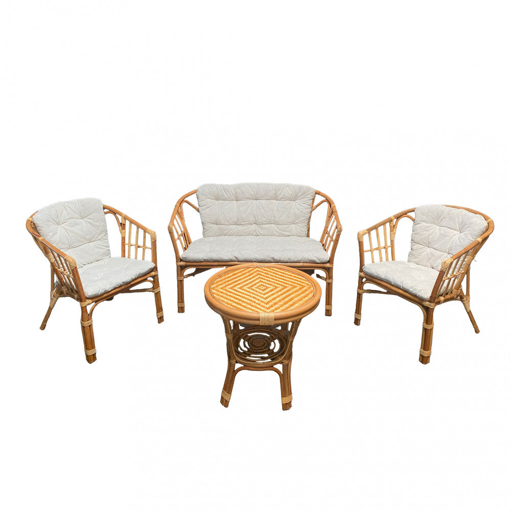 Salotto da esterno 4 posti con cuscini imbottiti e struttura in legno wicker