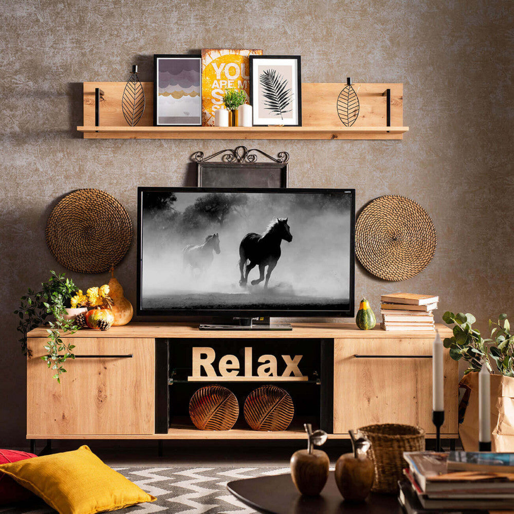 Meuble TV de salon en bois et métal avec 2 étagères et 2 portes