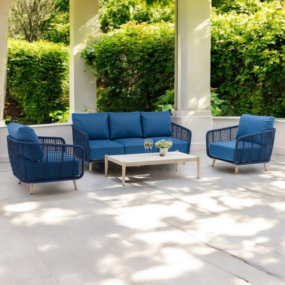 Salotto da giardino struttura in alluminio e rivestimento in corda pvc con cuscini inclusi Nova