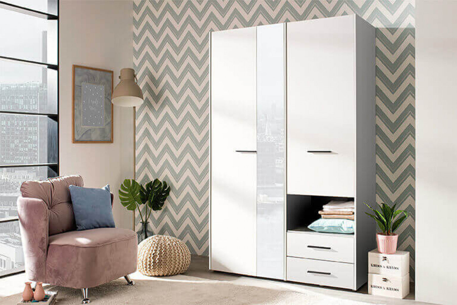 Armoire avec miroir intérieur en bois mélaminé avec 2 portes et 2 tiroirs et tringle à vêtements Fester