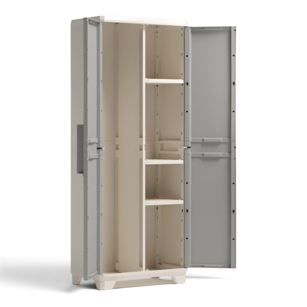 Armadio linear wood portascope lucchettabile in resina con 3 ripiani laterali regolabili e 2 ante Keter