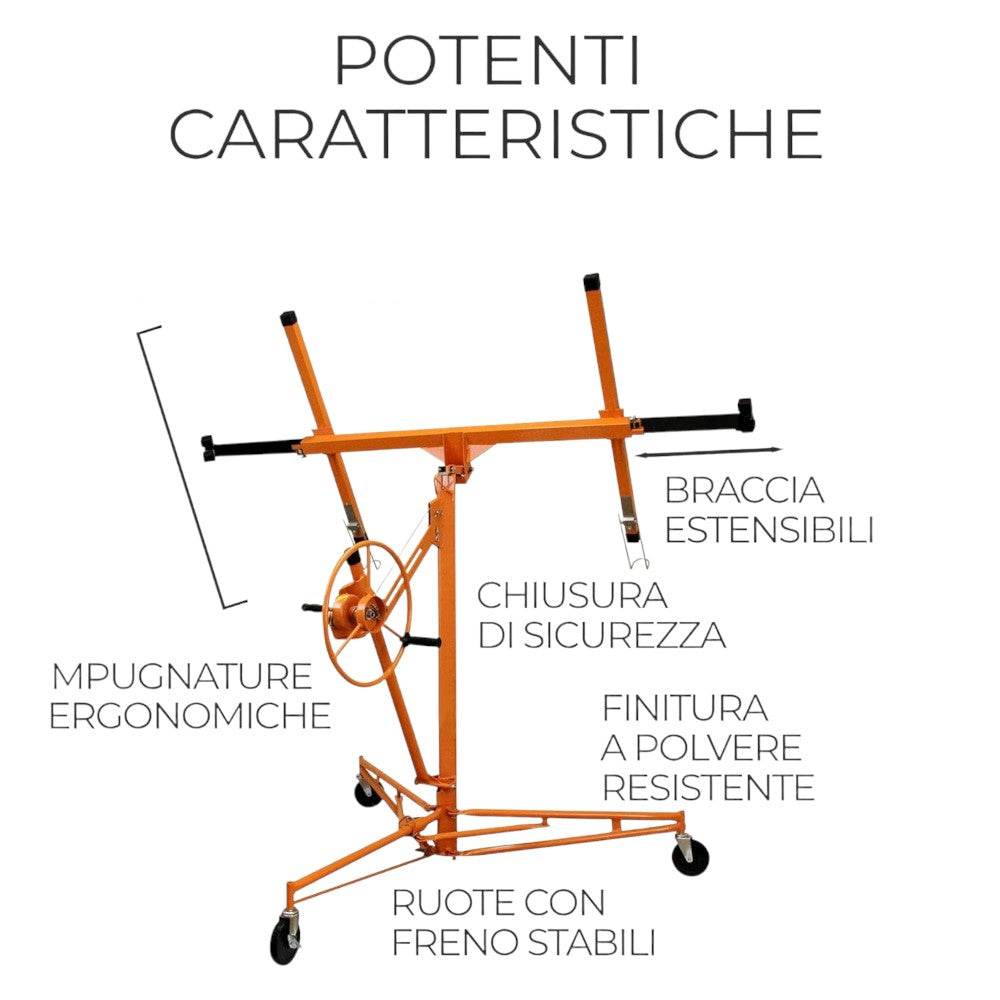 Support télescopique en acier pour lève-plaques de plâtre sur chariot à 3 roues avec hauteur et ouverture réglables