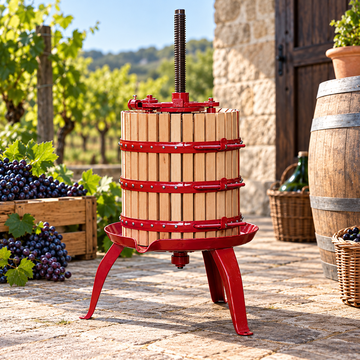 Torchio a cricco h50 cm per vinacce in legno e acciaio botte 48 litri