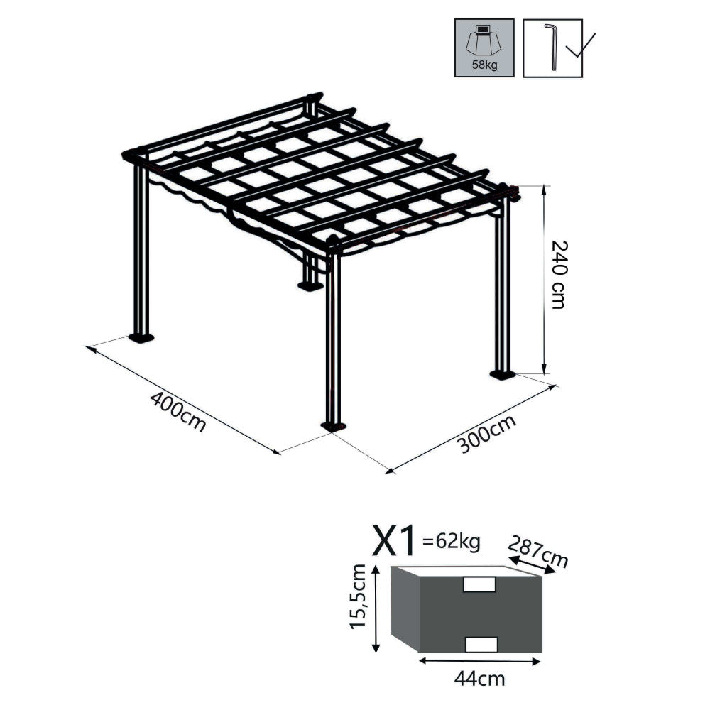 Tonnelle pergola extérieure 3x3 m en aluminium avec auvent à poulie Pékin