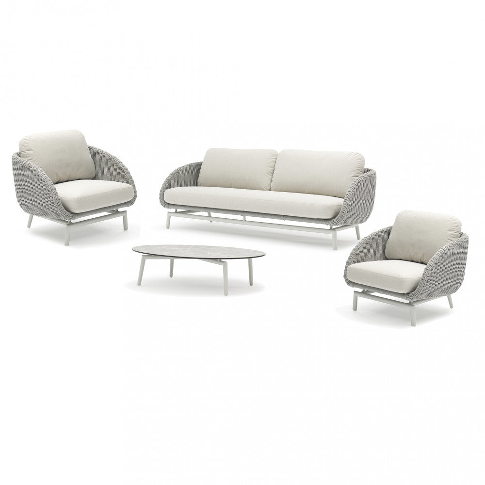 Salotto giardino 3 posti con cuscini inclusi e struttura in alluminio rivestimento in corda Lysandre