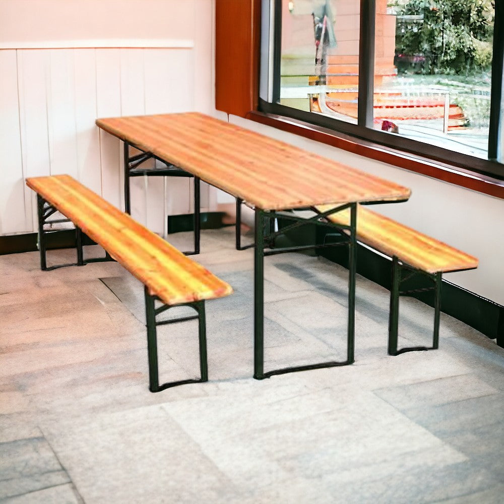 Table de jardin à bière avec 2 pieds et bancs en bois et acier pour fêtes et camping 200x50xh77 cm