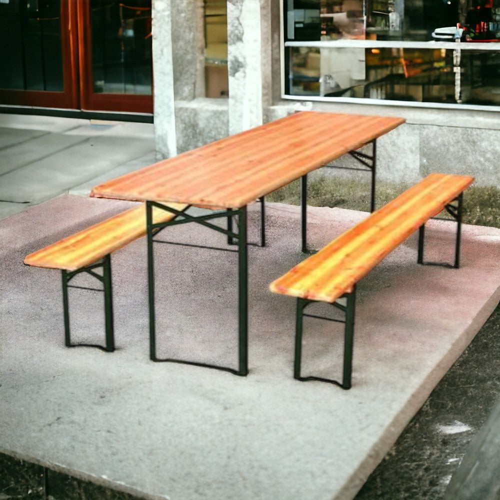 Table de jardin à bière avec 2 pieds et bancs en bois et acier pour fêtes et camping 200x50xh77 cm