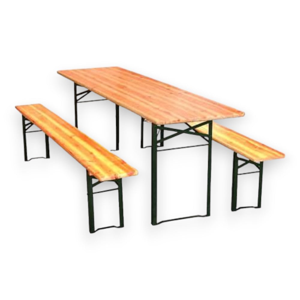 Table de jardin à bière avec 2 pieds et bancs en bois et acier pour fêtes et camping 200x50xh77 cm