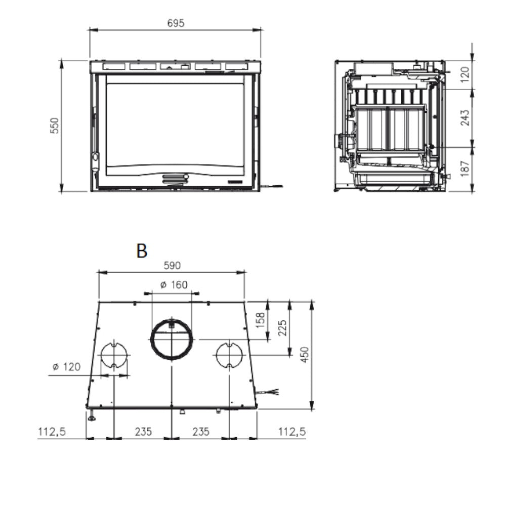 Insert à bois 70 L 4,0 Ventilé 7,8 Kw - mesures cm.69,5x45x55h. - poids 128 kg