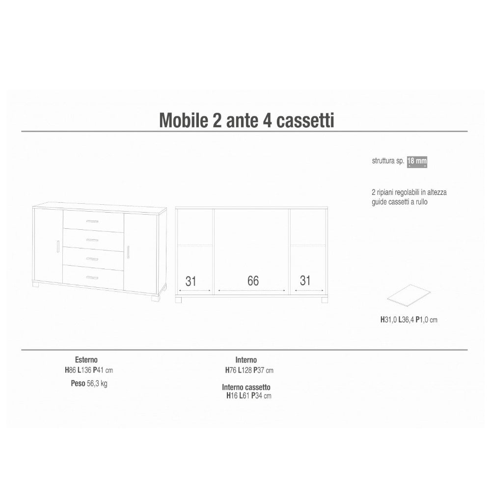 A775Ttqb030K Armoire 2 portes 4 tiroirs - Kit Titane et Chêne Blanc
