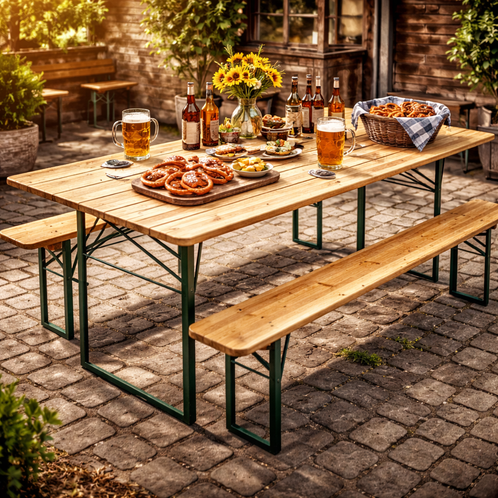 Set Birreria in legno di abete con struttura in ferro e gambe pieghevoli 220x70xH75 cm