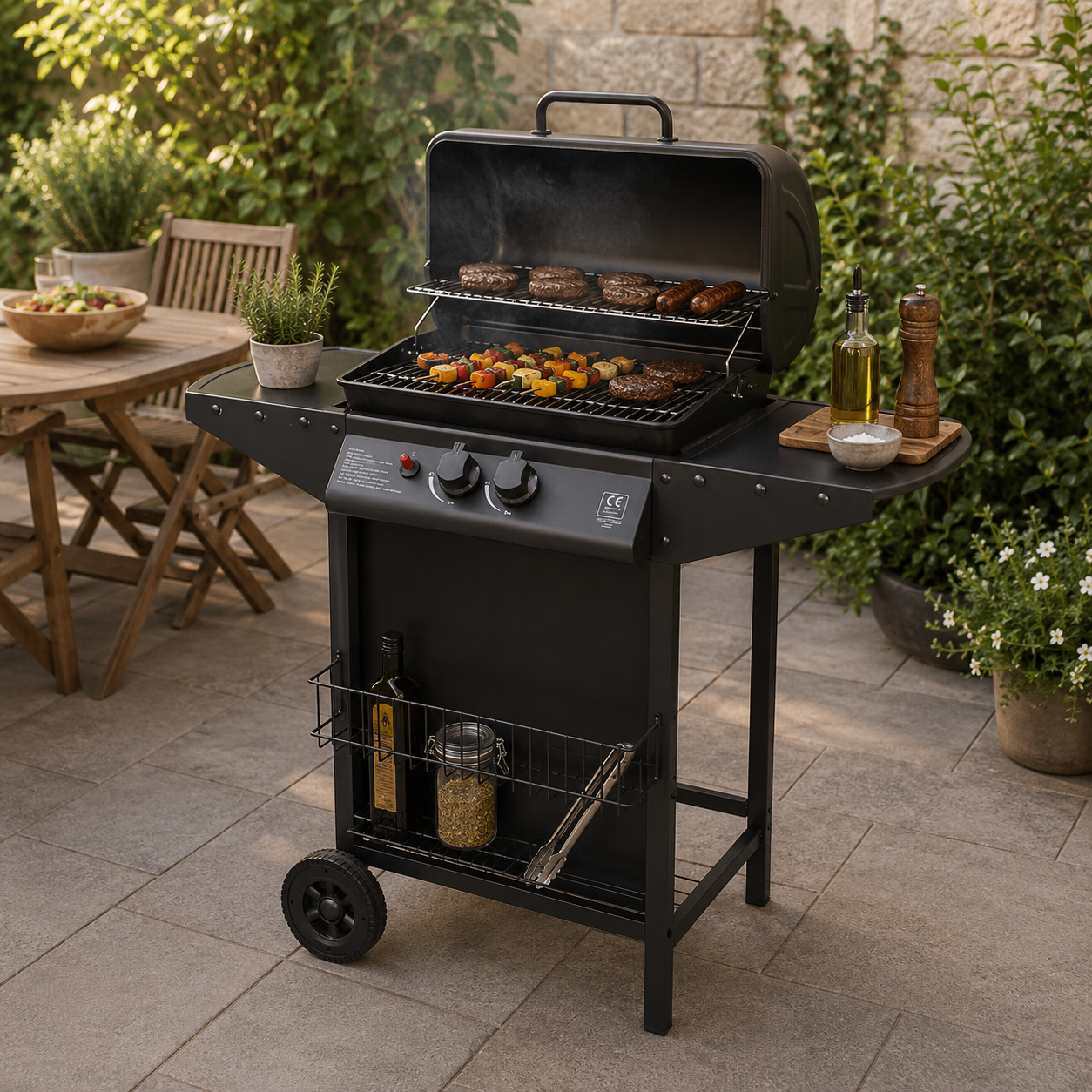 Barbecue à gaz 2 feux avec pierre de lave pour extérieur